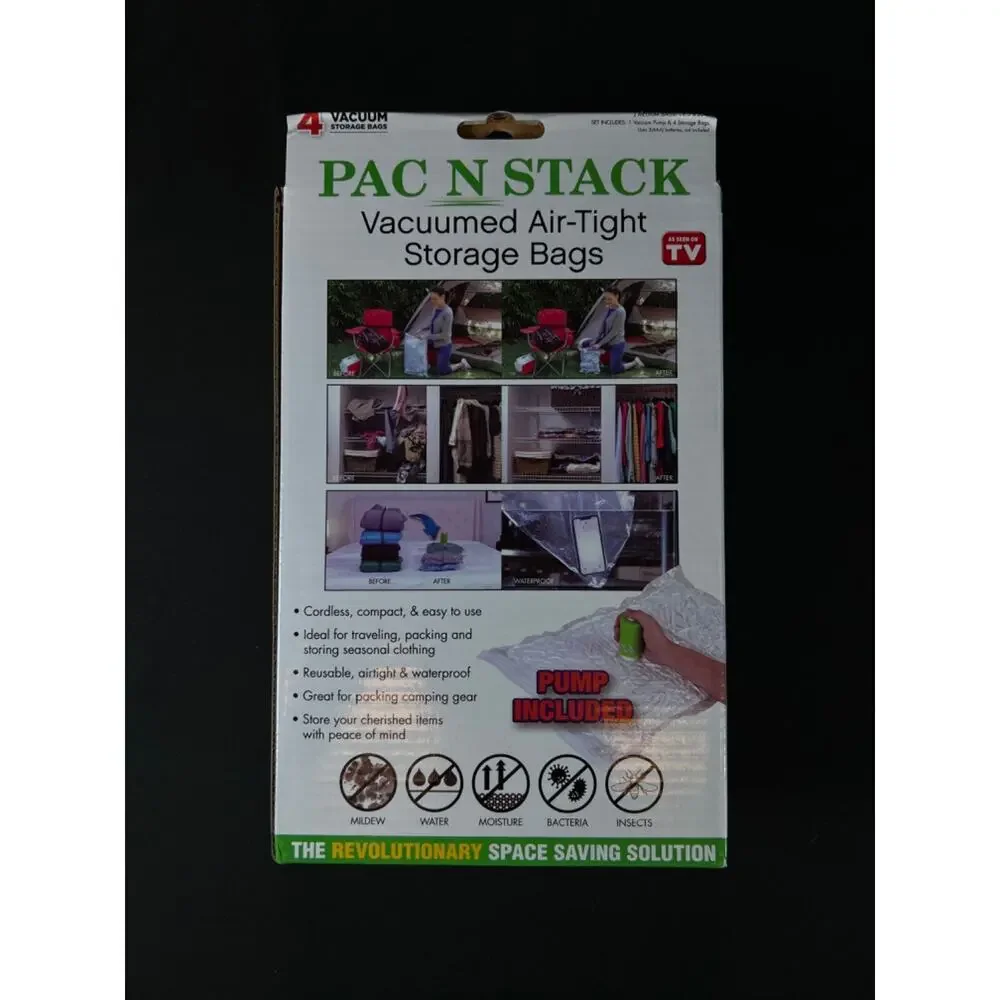 Pac N Stack 4-Pack Vacuumed Air-Tight Storage Bags With Pump, Clear, 2 Size Bags